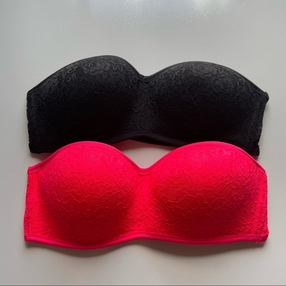 Pink by Victoria's Secret Padded Lace Bandeau Bralette  Lot Black and Neon Pink